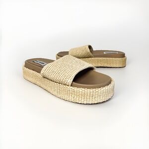 Steve Madden Platform Sandals Sz11 Reva Tan Raffia Espadrille Slides Minimalist